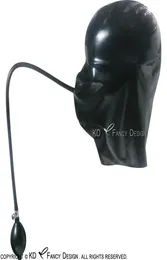 Acessórios de fantasia de capuzes de látex sexy preto com máscaras de borracha de bola de boca inflável e tubos bomba de mão plus size 00492596741
