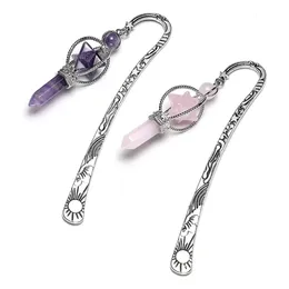 Vintage Silver Metal Bookmarks for Women Amethyst Rose Quartz Crystal Points Merkaba Star Pendant Bookmarks for Girl 240227