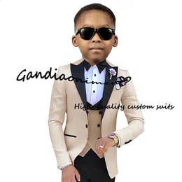 Khaki Boys Suit Jacket Pants Vest Bow Tie Set of 4 Point Lapel Wedding Tuxedo for Kids Formal Party Dress Child 240226