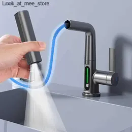 Badezimmer-Waschtischarmaturen Ziehen Sie Digitalanzeige-Wasserhahn-Wasserfall-Becken-Stream-Spray-Warmwasser-Waschtischmischer-Badezimmerwäsche Q240305