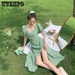 Dress WTEMPO Women's Short Sleeve French Square Neck Floral Dress for Girls Summer Korean Version Split Midi Flower Skirt