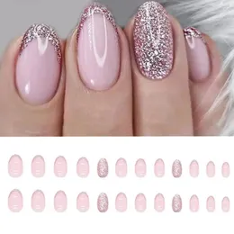 Falska naglar 24st rosa Fake Nail Long Oval French Styly Shining Full Cover Press på DIY Löstagbar manikyrspets