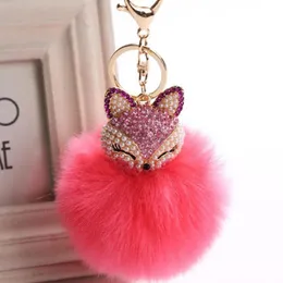 Winter Faux Rabbit Fur Ball Keychain with Rhinestone Fox Head Keyring Pompom Fluffy Key Chains Crystal For Women230S