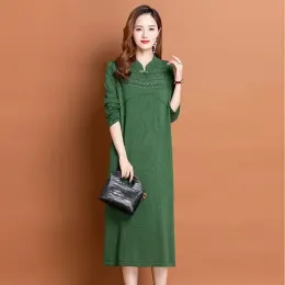 Kleid Frauen Herbst Winter cheongsam stricken kleid 2023 Neue Mode Stehen Kragen Muster Drucken Dünne Weibliche Oversize Lange Pullover Kleider