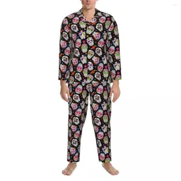 Pijamas masculinos crânio arte outono açúcar crânios dia casual oversized pijama conjuntos de manga longa romântico quarto padrão nightwear