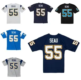 Costurado Futebol Jersey 55 Junior Seau 1990 1994 2002 Malha Azul Retro Rugby Jerseys Homens Mulheres Juventude S-6XL