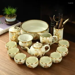 Cups Saucers Gold Inlaid Jade Ru Kiln Ceramic Jingdezhen Tea Set Light Luxury High-end Pot Household Kungfu Cup