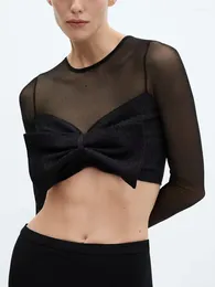 Kadın bluzları zarif yay gazlı bez üst şık uzun kollu seksi yarı saydam giyim 2024 Streetwear kadın kısa üstleri