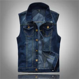 Vests 새로운 고급 면화 Jean Vest 남자 민소매 카우보이 양복 조끼 데님 코트 찢어진 슬림 핏 남성 캐주얼 스프링 가을 자켓