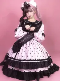 Abito KIMOKOKM Abiti da principessa stile Lolita Kawaii Colletto Peter Pan Fiocco in pizzo Cascading Ruffle Manica intera Sweety Cosplay Dot Dress