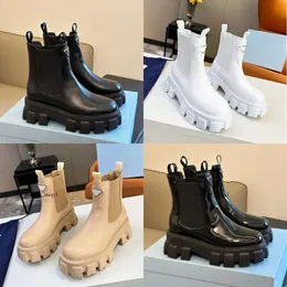 Toppkvalitet Casual Shoes Designer Polerad lädermotorcykelstövlar Loafers Chelsea Ankel Full Grain Elasticity Platform Women Outdoor Luxury Desig