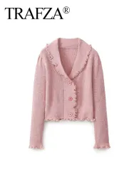 Cardigans Trafza Women Gentle Cardigan 2024 Spring Solid Pink Long Sleeves Vneck Botton