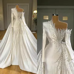 Винтажное свадебное платье русалки с жемчугом, свадебные платья с длинными рукавами и верхней юбкой, платья невесты с открытыми плечами, платье на заказ, Vestido de novia