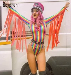 Beyprern Womens Goddess Tassle Fringe Bodysuit Fashion Long Sleeve Rainbows Striped Short Jumpsuit Festival Outfits Rave Wears Y202134154