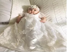 Alta qualidade renda completa mangas curtas marfim criança infantil vestidos de batismo 2019 bebê recém-nascido meninas primeira comunhão vestidos8523573