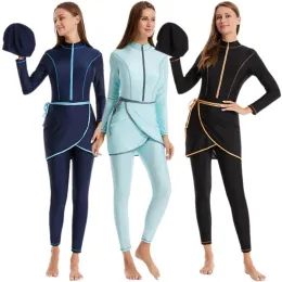 Mayo 3 Parça Yüzme Setleri Moda Ön Zipper Plajı Spor Müslüman Kadınların Tam Kapak Mayo İslami Mütevazı Mayo Burkini