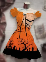 Vestido horror uma peça sorriso traje de halloween saia curta havaiano boho vestido crânio traje bolha manga cordão vestido casual