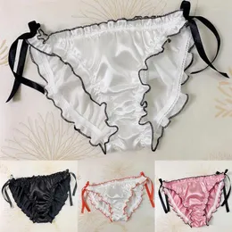 Kvinnors trosor imiterar siden Satin Lace-up Sexig bikini låg stigning Briper underkläder underkläder solida spets knickers