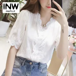 Bluz 2019 Yeni Varış Kadınları Üstler Yaz Dantel Bluz Kadın Kore Moda Vneck Kısa Kollu Gömlek Femme Büyük Boy Blusas Mujer