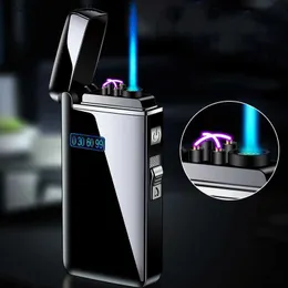 Tändare Ny Tiktok Metal Windproect Electric USB Ficklight Turbo Dubbel båge LED Plasma Light Gas Laddning Butan Tube Cigar Light Q240305