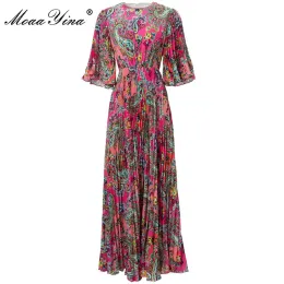 Klänning Moaayina Designer 2023 Summer Runway Dress Women Fjärilshylsa Hög midja Vintage Flower Print Pleated Party Dress