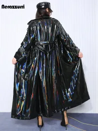 Jacken Nerazzurri Herbst Extra Lang Schwarz Holografisch Glänzend Reflektierend Dehnbar Weiches PVC Leder Trenchcoat für Damen Europäische Mode