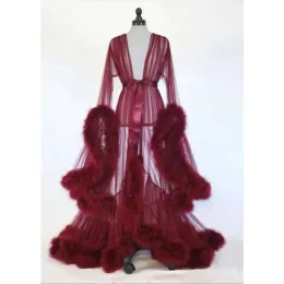 Платье из тюля с глубоким вырезом для беременных, кружевное платье с полыми рогами и длинными рукавами, со шлейфом из перьев, реквизит для фотосъемки, Vestidos
