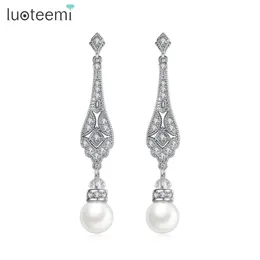 LUOTEEMI Imitation Drop Pearl Earrings for Women Long Tassel Water Drop Bridal Earring Cubic Zirconia Elegant Girl Accessories 240227