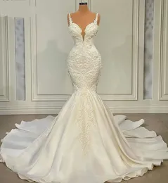 Primavera sereia vestido de casamento 2024 sexy com decote em v pérolas apliques rendas cetim vestidos de noiva chiques vestidos de noiva robe de mariage