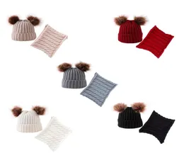 Winter Hat Scarf Boys Girls Pom Pom Cap Set Kids Winter Sticked Cotton Beanies Söta lurviga bollar Baby Warm Caps Scarves Set LJJA3085660639