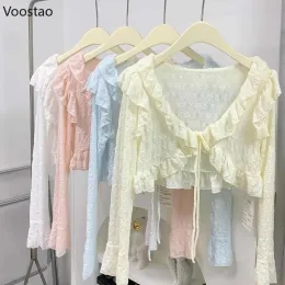 Jackets Japanese Kawaii Lolita Thin Sunscreen Jacket Women Cute VNeck Ruffles Long Sleeve Clothing Summer Girls Kawaii Loose Coats 2023