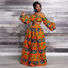 Eleganta kvinnor två stycken set klänning sexig slashneck ärmlös blus topp hög slits kjol vintage afrika nationell tryck dam kostym 240226