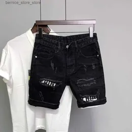 Men's Shorts Summer mens black hole stickers ultra-thin denim shorts Korean fashion hip-hop legs Harajuku fashion mens black jeans shorts Q240305