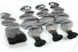 1BGrey Brasileiro Ombre Pacotes de Cabelo Humano Com Fechamento de Renda Cinza Prata Dois Tons de Cabelo Colorido Tecer Com Fechamento Corpo Ondulado 4 PcsL3019767