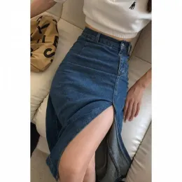 Saia retrô dividida jeans meia saia feminina verão estilo fino comprimento médio cintura alta emagrecimento mostrar pacote fino saia quadril primavera