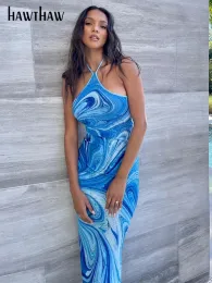 Klänning Hawthaw Women Halter Printed Bodycon Beach Blue Pencil Long Dress 2022 Summerkläder Partihandel för affärer Dropshipping