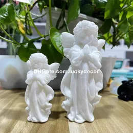 Natural White Jade Crystal Quartz Hand Carved Wings Angel Home Decor Beautiful Rock Stone Fairy Statue Lovely Adorable Marble Stone Girl Sculpture Wonderful Gift