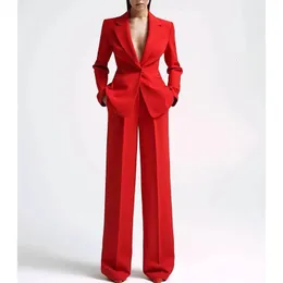 Set de alfaiate feminino Terno sexual vermelho elegante vneck blazer e calça de perna larga Broek mais maat twee stuk tailleur femmes conjunto 240226