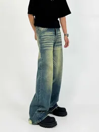 Calças masculinas M7 retro lavado e desgastado perna reta mop jeans para mens cleanfit bigodes de gato com buracos em calças soltas