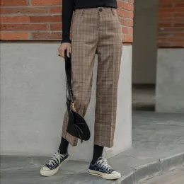 Capris Bella filosofi Autumn Winter Plaid Pants Women Casual High midja Long Harem Pants Female Zipper Office Lady Pants Bottoms