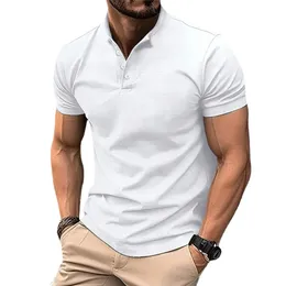 Mens skjorta Henry Round Neck Cotton Short Sleeved Mens T-shirt Casual Solid Poio Shirt 240305