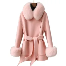 Kürk Tilki Kürk Yaka Tersinir Kaşmir Ceket Kadınlar Mid -Midongh Basit Socialite Style Fox Kürk Çift Bağlı Yün Palto