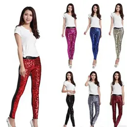 Legginsy błyszczące cekinowe spodnie pantalon femme vintage klubowe spodni żeńskim spodnie ładunkowe kobiety wysoko taliny nogawkowe faux pu skóra