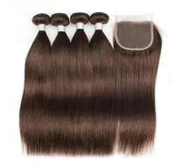 KissHair 4 pacotes com 44 fechamento de renda cor 4 marrom escuro cabelo virgem brasileiro reto tecer pacotes 1718321