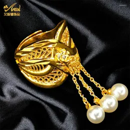 Pierścionki ślubne Aniid Dubai Projekt mody Pearl Pendant Finger For Bridal 24K Gold Color Pierścień Pierścień Arabów Arabów