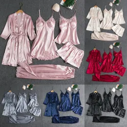 Set Pigiama in raso da donna Set Pigiama da 5 pezzi Camicia da notte sexy con pannelli in pizzo di seta Pigiama lungo Camicia da notte unisex da donna