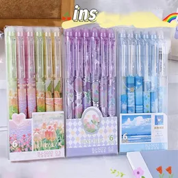 6pcs Ins Silinebilir Nötr Pens Çiçek Peyzaj Tasarımı Jel Pen Kawaii Pres Silgilerle Kore Kırtasiye Okul Ofisi