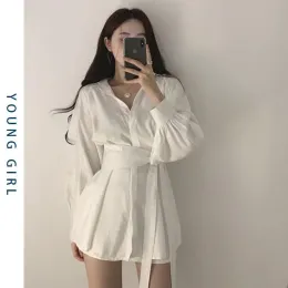 Dress Vestido Blanco Lantern Sleeve Mid Length Shirt Dress With Bandage Slim Waist Elegant And Pretty Women's Dresses 2023 New In