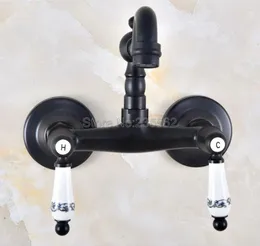 Bathroom Sink Faucets Black Oil Rubbed Bronze Tow Hole Wall Mounted Basin Faucet / 360 Swivel Spout Kitchen Mixer Taps Lnf834