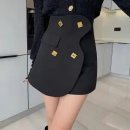 Vestidos Black Aline Skirt Autumn and Winter 2022 New Women's Women's Assimtrical Casual Highwaisted Skirt mostra fino botão de lã Culottes